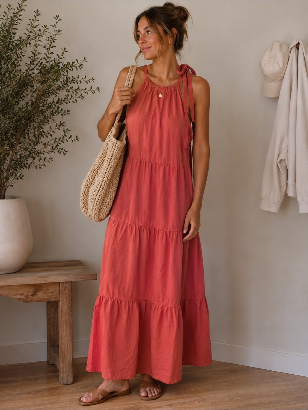 Anthropologie Cloth & Stone Tiered Midi Dress Small Coral Sleeveless Tie Neck
